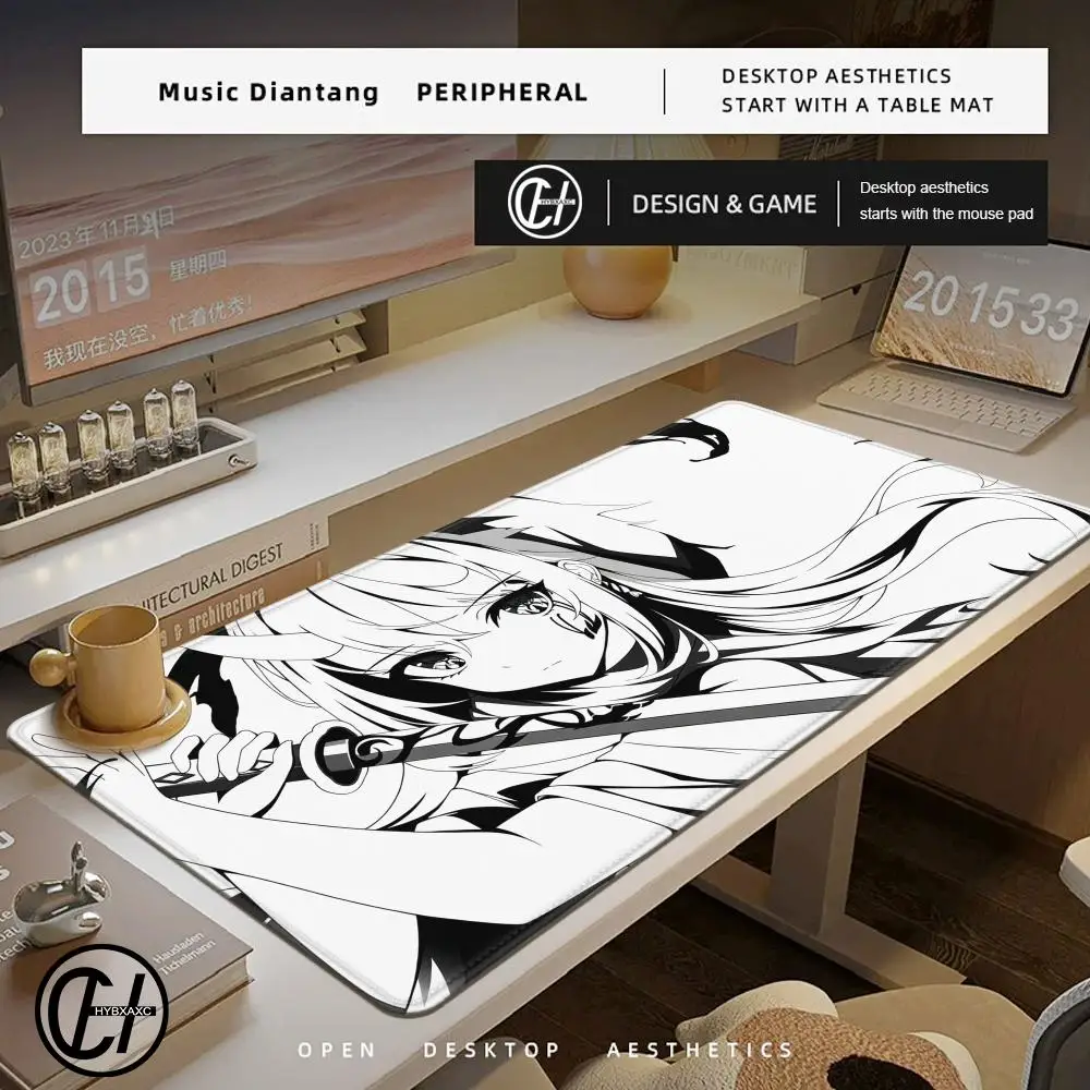 HYBXAXC Anime Oni Samurai Demon Girl Mouse Pad Large Black White Desk Mat for Gaming Office