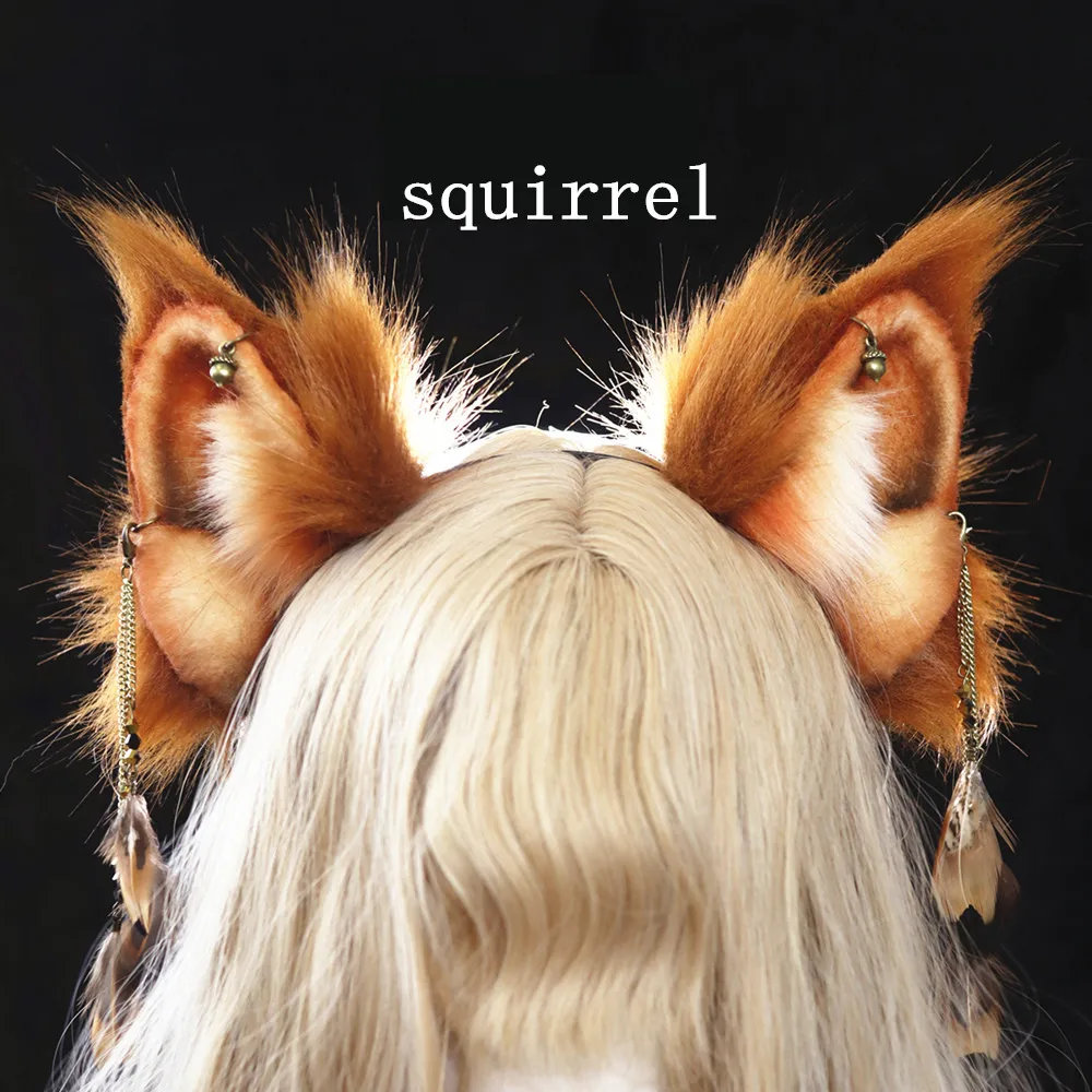 Halloween Cosplay Handwork Animal Ear Simulation Animal Original Squirrel Ear Hair Hoop Headdress Christmas Girl Gift Earrings