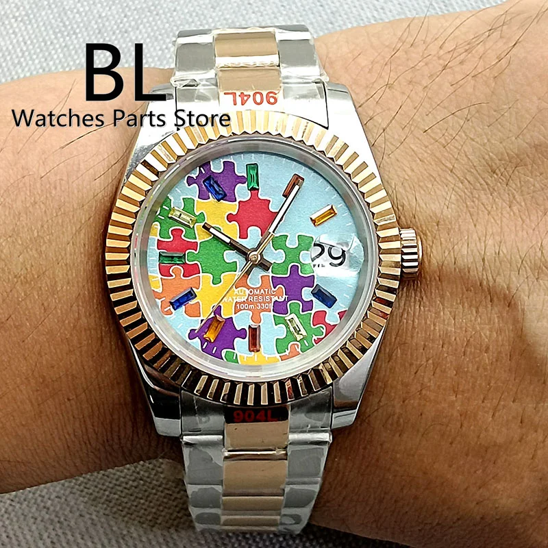 

BLIGER 36mm/39mm NH35 Watch For Men Two-tone Glod Fluted Case Sapphire Glass Sky Light Blue Puzzle Dial Date President Bracelet