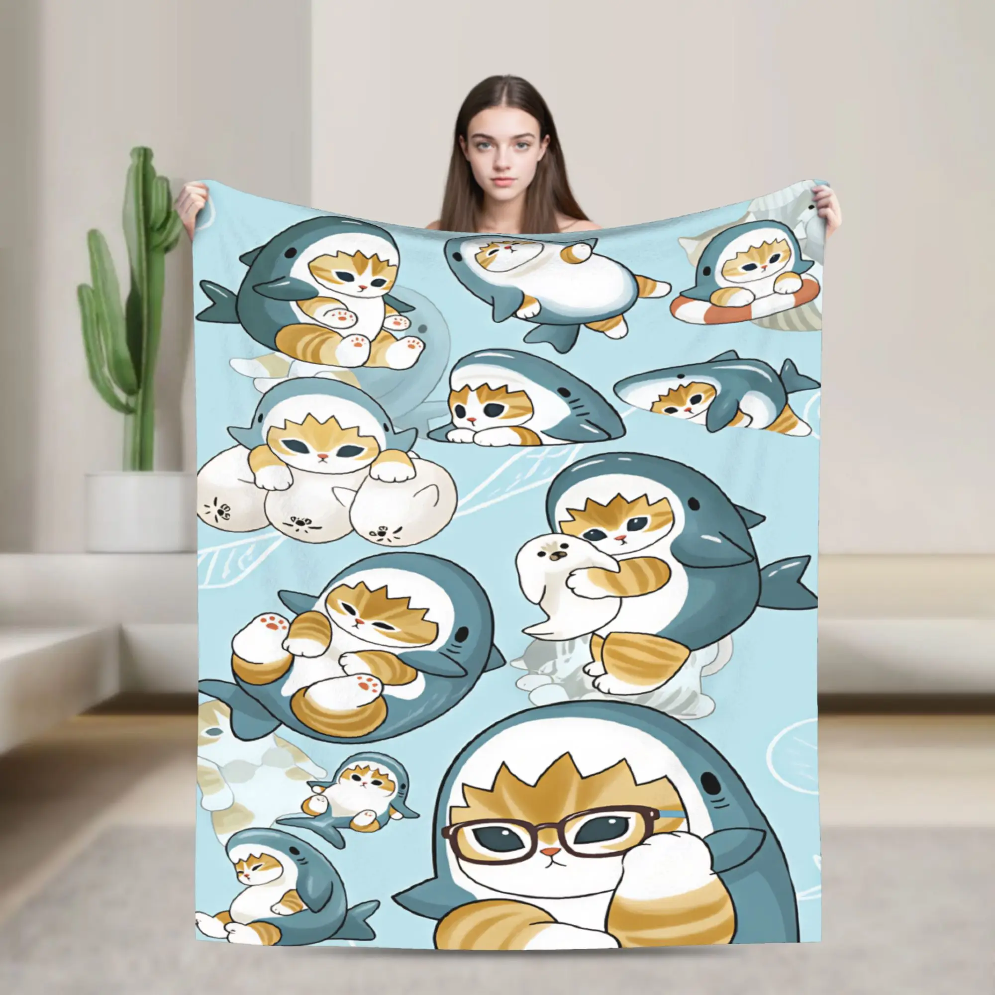 Mofusand Japanese Shark Cat  Blanket  Soft Fluffy Plush Throw Blanket For Couch Chair Sofa Bed Flannel Bedspread Bed Cover