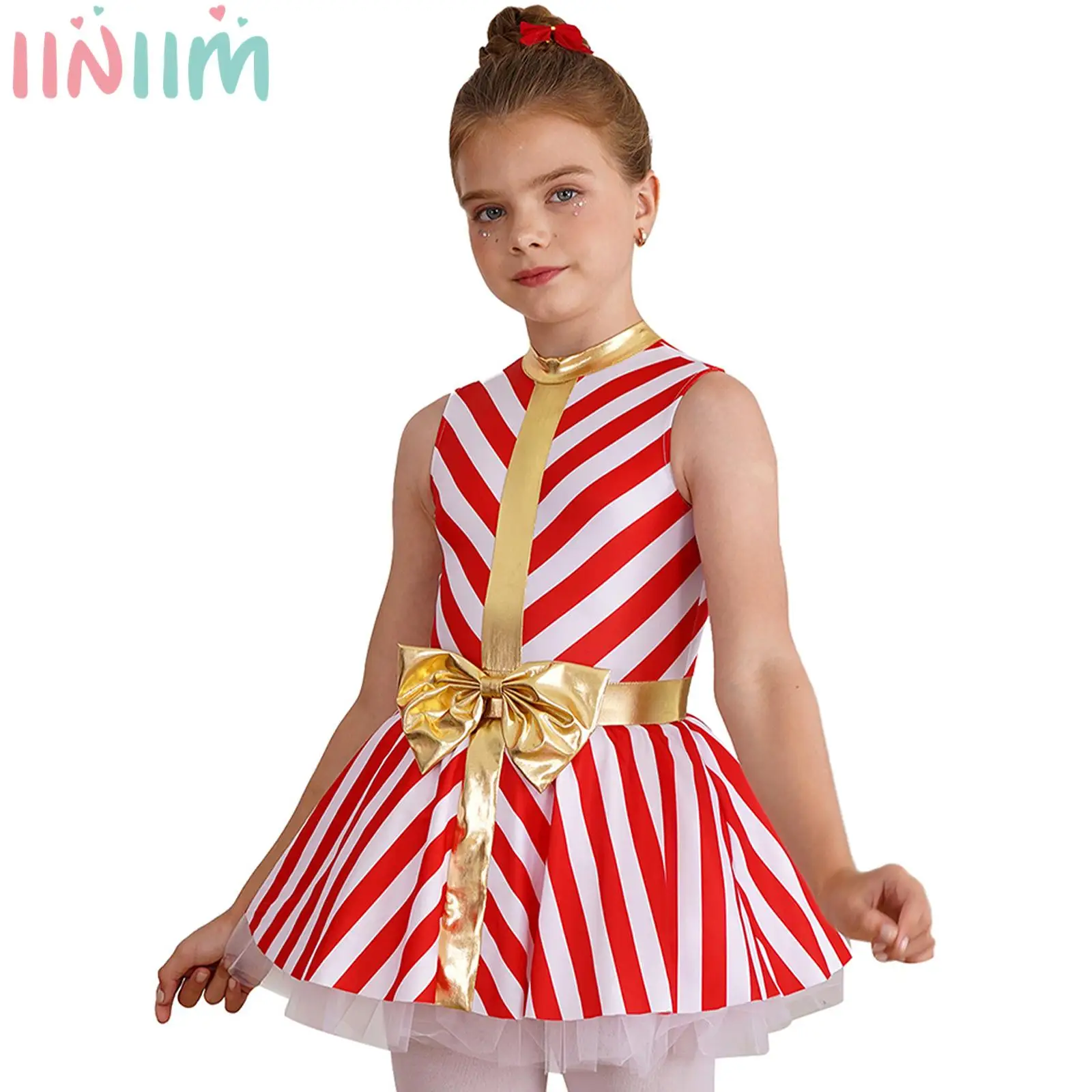 Girls Christmas Santa Candy Cane Costume Sleeveless Ballet Dance Dress Open Back Stripes Print Tutu Dress Leotard Dancewear