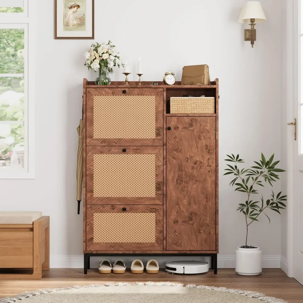 

Shoe Cabinet Rattan, with 3 Flip Drawers and 4-Tier Shoe Storage Cabinet, Freestanding Shoes Organizer w/Adjustable Shelves