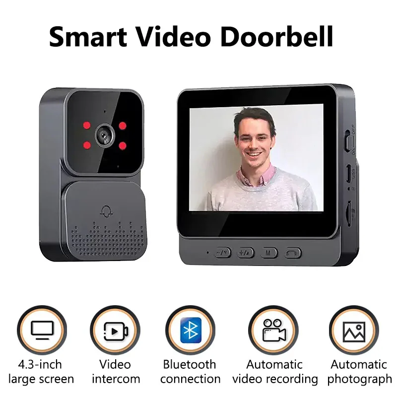 Video Doorbell IR Night Vision Doorbell Camera 1080P 4.3inch IPS Screen Eye Peephole Camera 2.4G for Villa Home Office Apartment