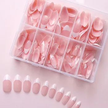 여성용 광택 아몬드 가짜 손톱, 흰색 프렌치 팁 프레스 손톱, 아크릴 천연 가짜 손톱, 소녀 장식, 96 개, 360 개