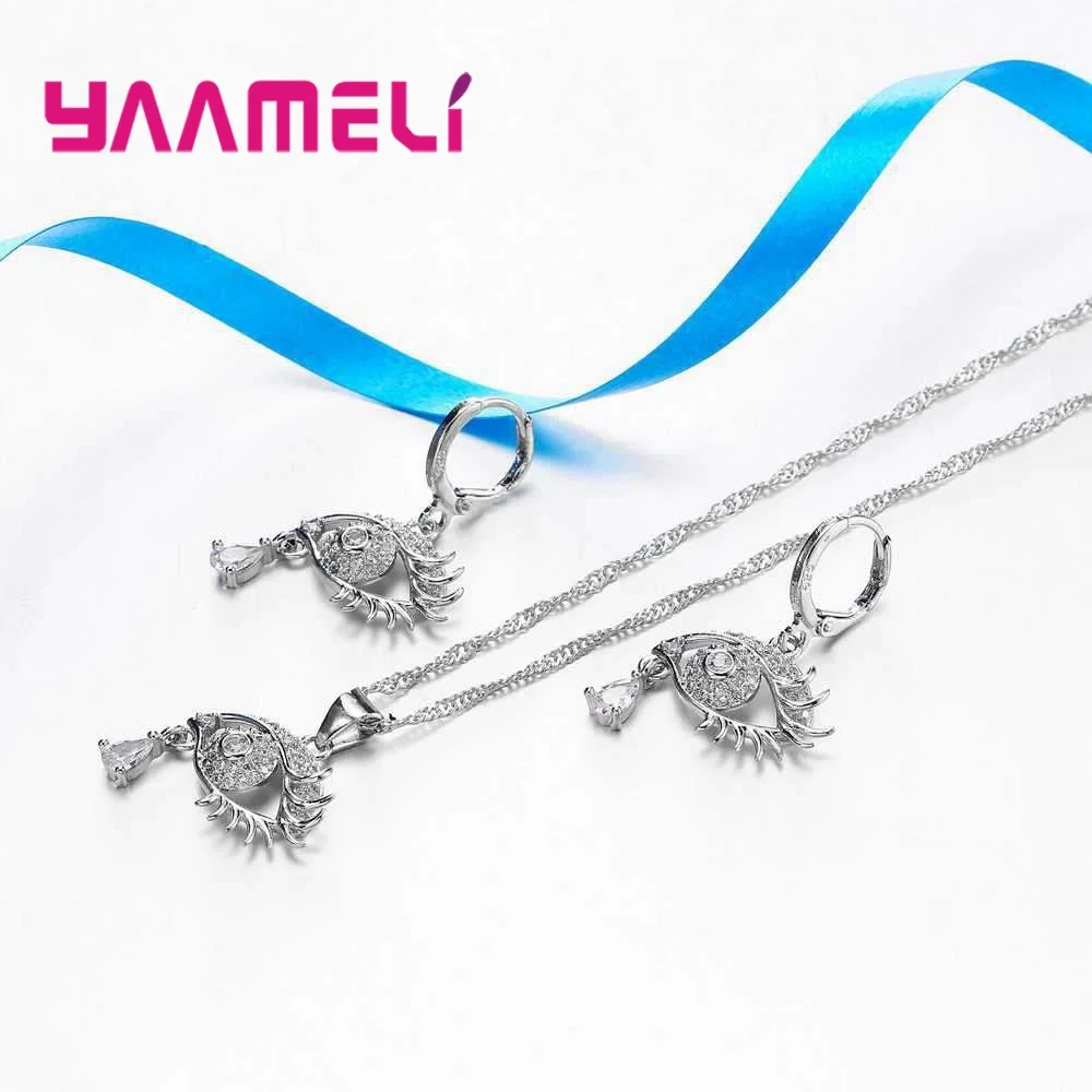 Women Rhinestone Necklaces Earring Set For Engagement Gift Fashion 925 Sterling Silver Water Drop Bridal Wedding Sets