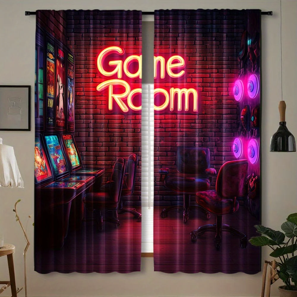 Neon Game Room Curtain 2 Panels, Pinball Machine Red Brick Wall Neon Sign Dark Game Hall Print, Drapes for Bedroom Curtain