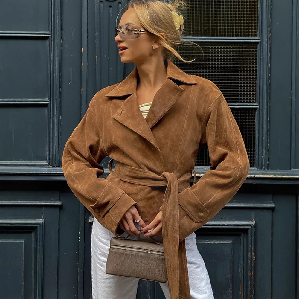 

2025 New Women Brown Suede Notch Lapel Tie Waist Short Jacket Vintage Loose Casual Versatile Multi Color Options