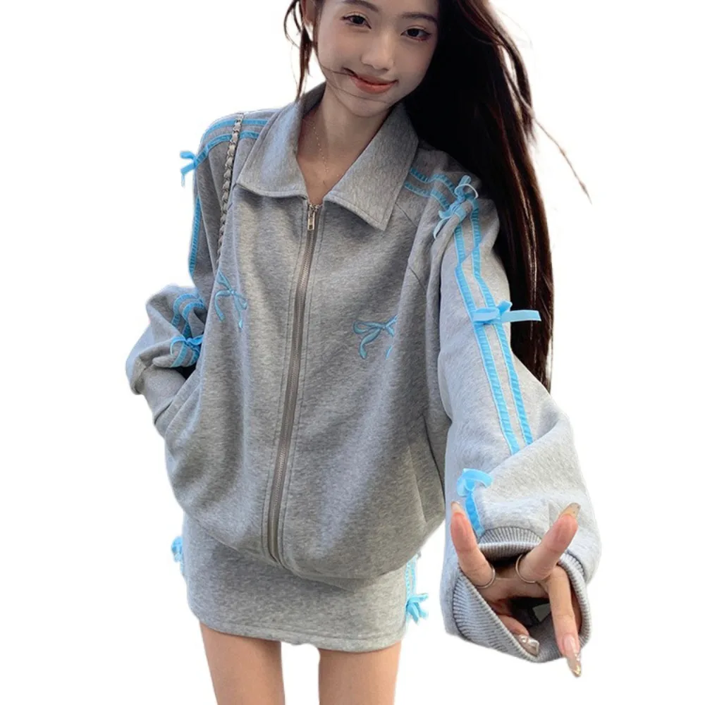 

Воротник с лацканами и длинными рукавами с капюшоном Y2k, милые корейские толстовки Ins для женщин, одежда, свободная куртка с вышитым бантом, весна-осень