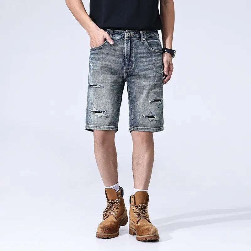 

Летние легкие белые джинсовые шорты для мужчин в американском стиле, ретро, с эффектом потертости, рваные, прямые, эластичные, длиной до колена