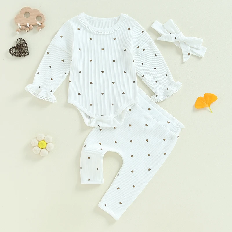 

2024-06-04 Lioraitiin 0-18M Baby Girl Fall Outfit Heart Print Long Sleeve Crew Neck Romper with Long Pants and Headband 3Pcs Set