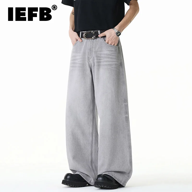 IEFB American Style Light Gray Men's Jeans 2026 Spring Summer Denim Long Pants Vintage Washed Straight Wide Leg Trousers 9X2521