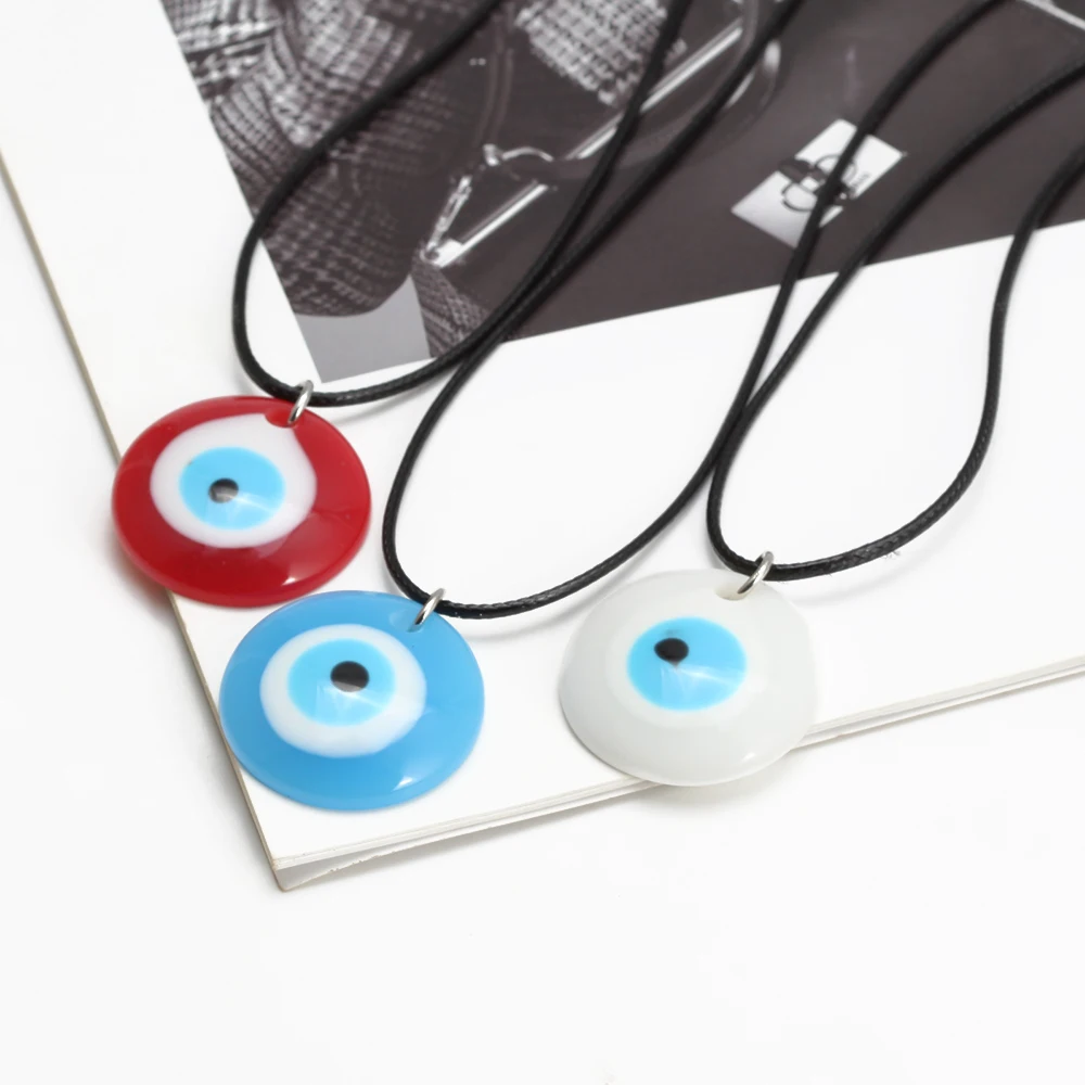 Lucky Eye Plastic Round Pendant Necklace Leather Rope Chain Turkish Evil Eye Necklace for Women Men Jewelry collar collier שרשרת