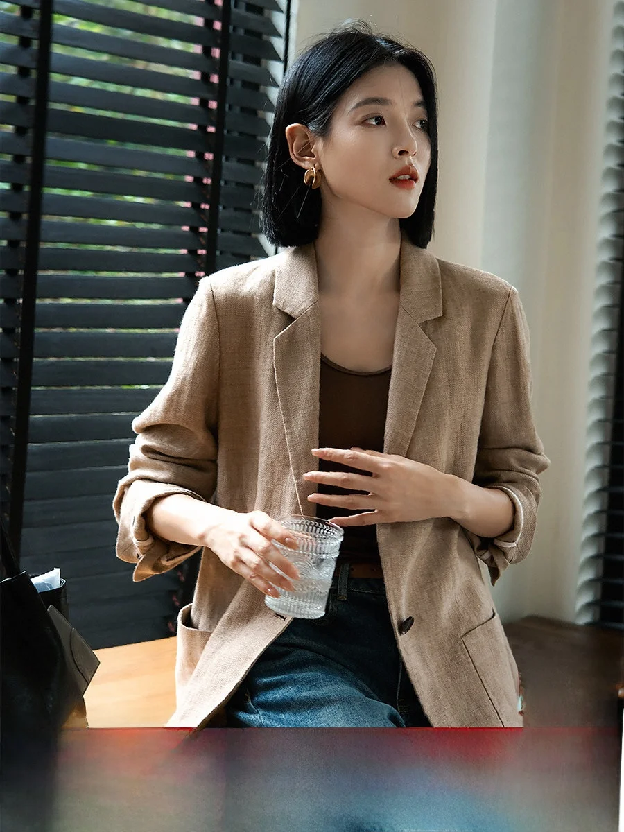 

Artistic Breathable Linen Suit Jaet Women's Single-Button Tailored Outerwear Commute Sle Long Sve Regular Length