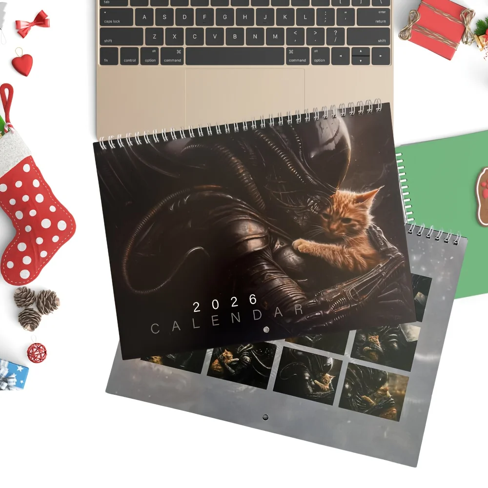 Calendario de pared de gato alienígena 2026 Calendario de 12 meses Xenomorph Alien x Jonesy Cat 2026 Calendario de pared Horario de decoración del hogar