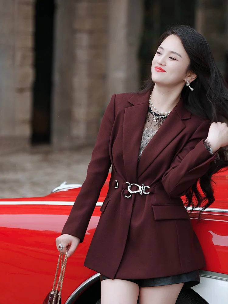 

Red Wine Color Woolen Suit Jaet Women's Casual Sle Spring Autumn New Korean Version Small Size High End Leisure Suit
