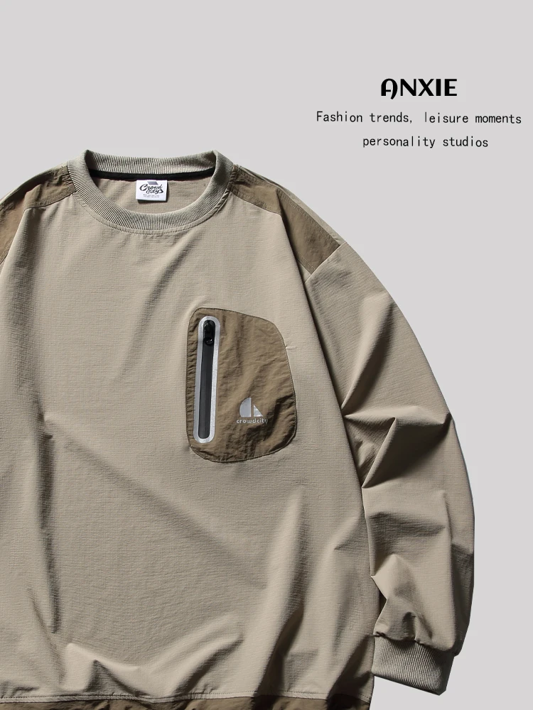 

Уличная толстовка с длинными рукавами и пэчворком, модный бренд ANXIE, рекомендуемая модель, свободный крой для пар, дизайн rou...