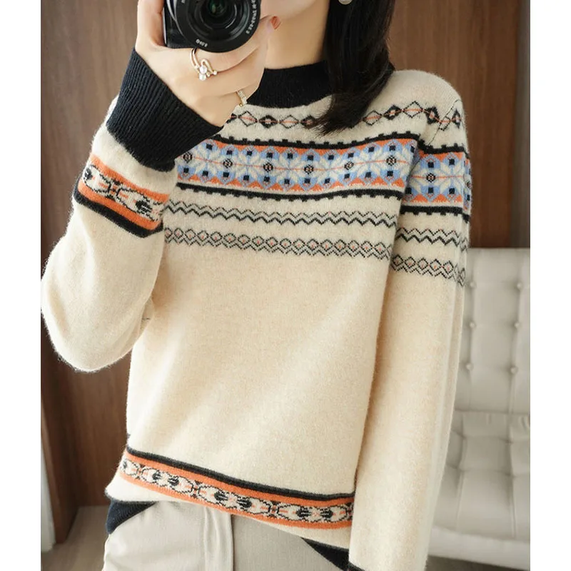 

Новый осенне-зимний корейский вариант, жаккардовый свитер с высоким воротником в стиле ретро, свободный и универсальный вязаный женский топ в западном стиле JJ475