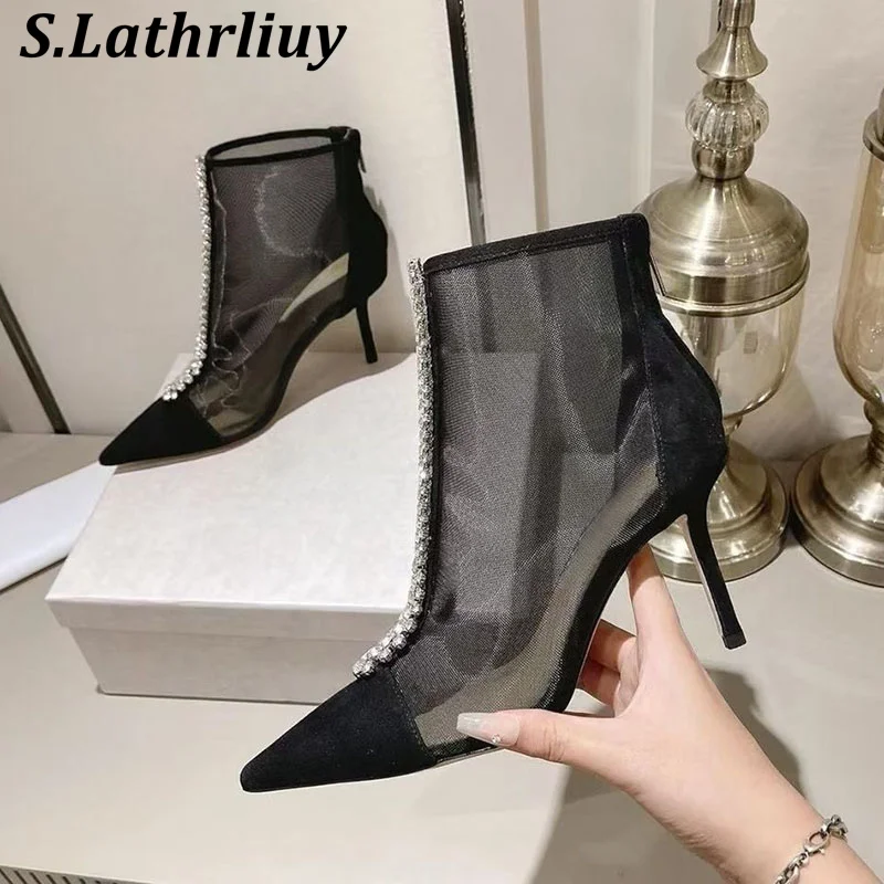 New Shining Rhinestone Thin High Heel Cool Boots Women's Lace Sexy Breathable Pointed Toe Modern Boots Summer Wedding Boots