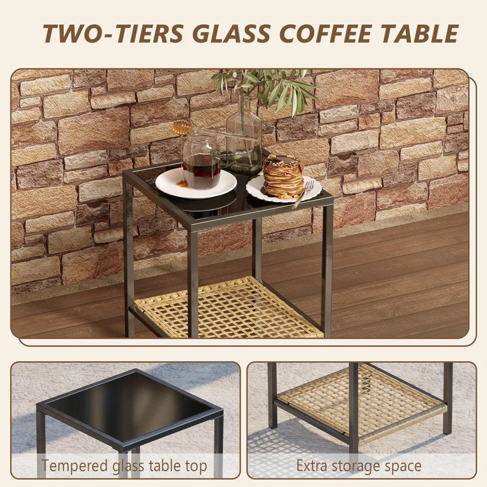 2-Piece Outdoor Rocking Chair Set with Glass Top Table and Cushioned Backrest