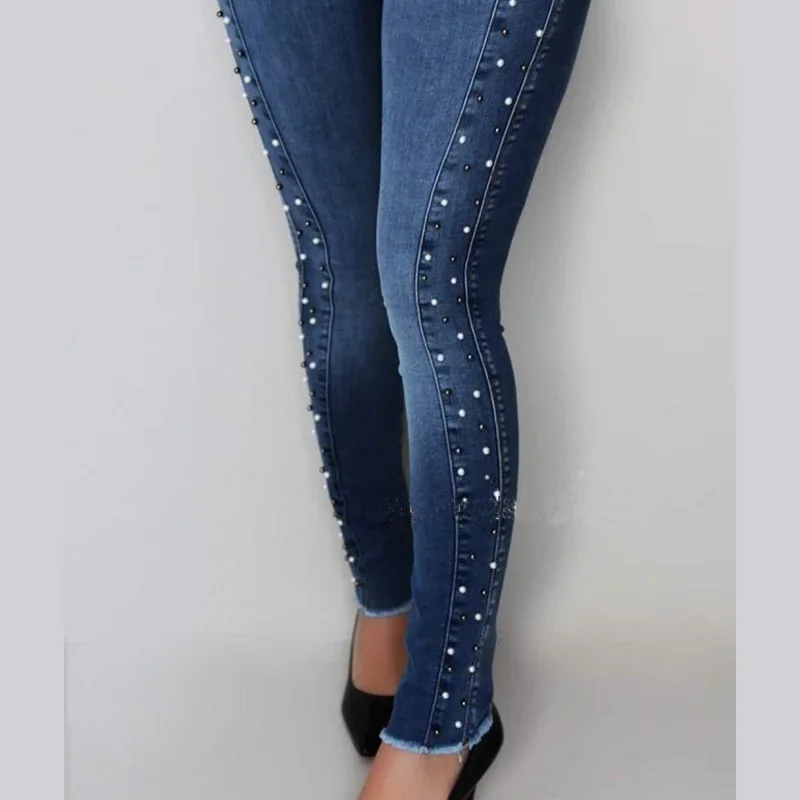 Jeans Pants Woman High Waist Slim Skinny Elastic Denim Trousers Femme Vintage Blue Beading Push Up Pencil Jeans