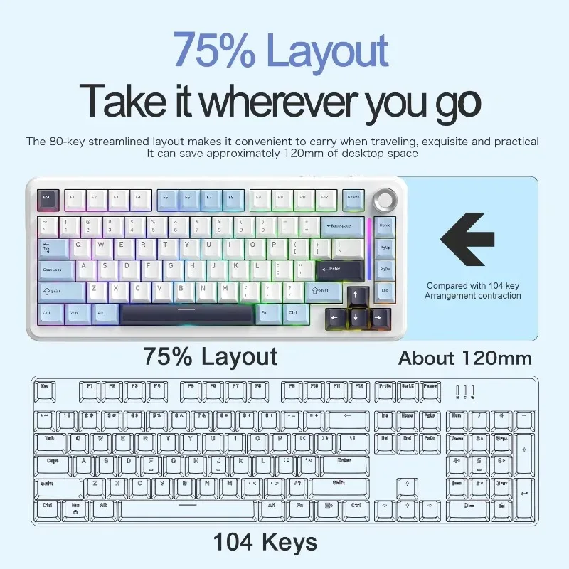 Ziyoulang F75 Mechanical Keyboard 75%Layout 3-mode 81keys Grasket Structure  Metal Rotary Knob Gaming Keyboard esports game gift