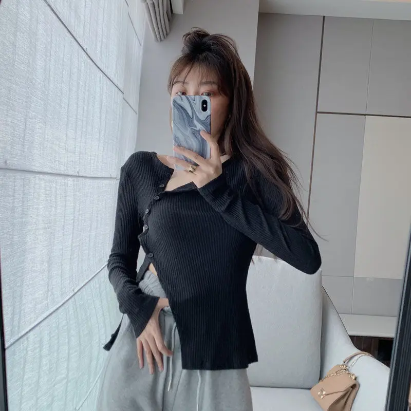 Pure Desire Wind Clavicle Long Sleeved Forking Screw Thread T-shirt Women Spring Sexy Slim Single-breasted Solid Color Tops