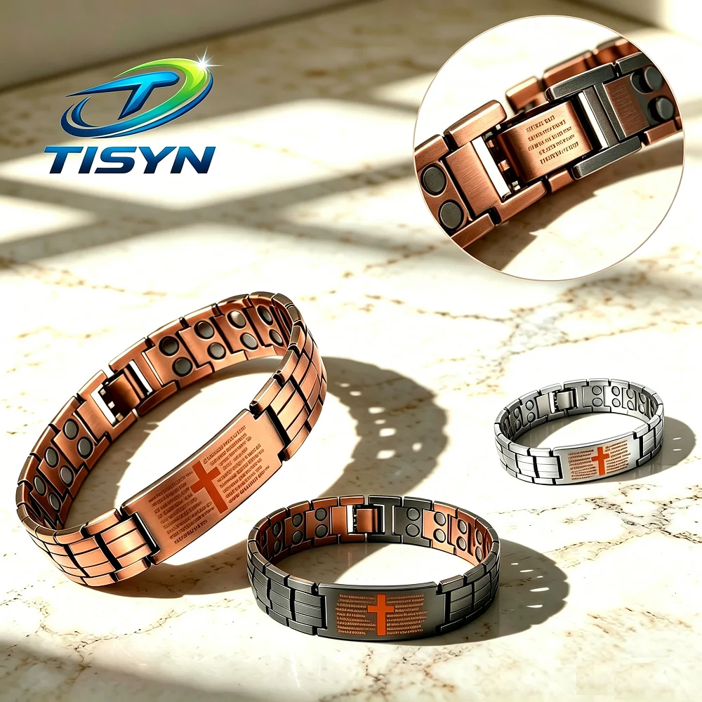 Men's Faith Cross Magnetic Balance Bracelet Zinc Alloy Stainless Steel Bible Verse Prayer Bangle Gift for Christians