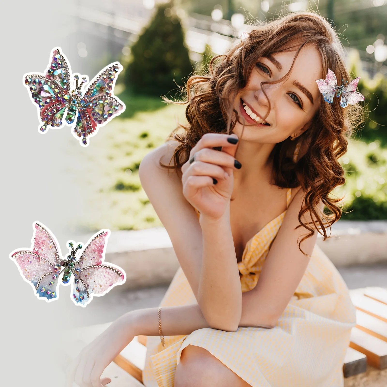1pc Sweet Style Gradient Rhinestone Butterfly Hair Clip, Plastic Hair Accessory with Bright Color Printing, Font Shape