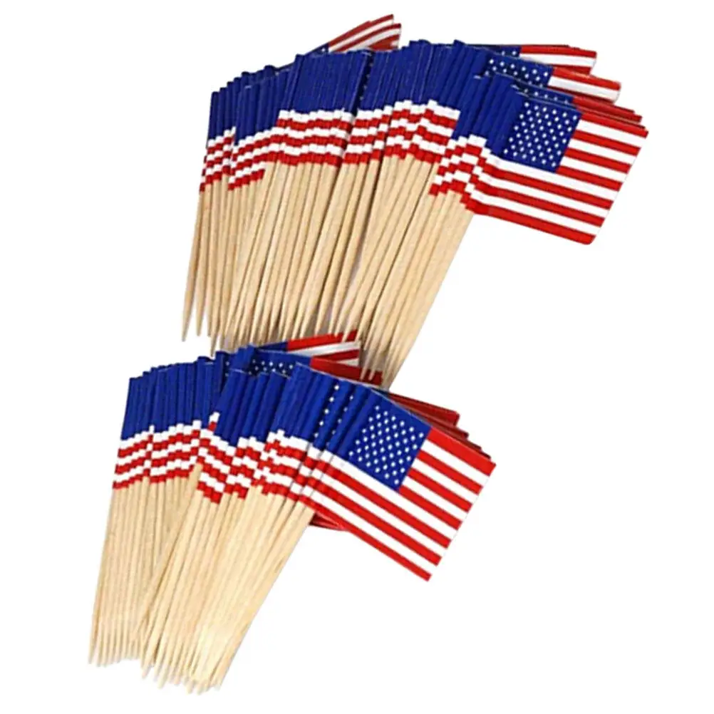 50Pcs Decorative Flag Toothpicks American Flag Picks Food Safe Wooden Dessert Toppers for Cakes Cupcakes Cocktails Fruits
