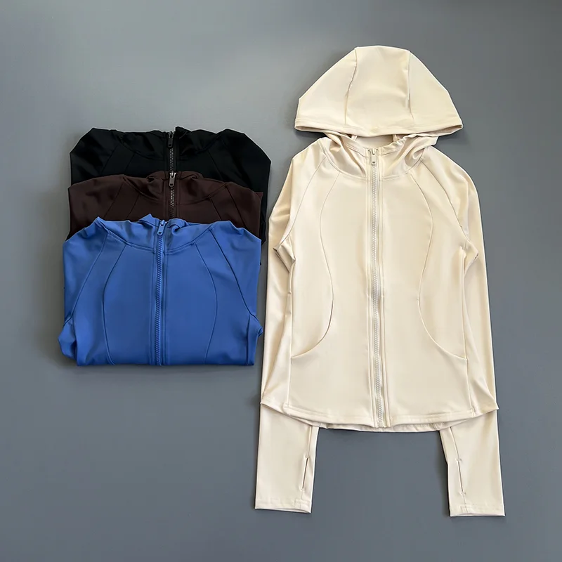 Women's Hooded Workout Jacket - New Slim-Fit Long-Sleeve with Pockets, Breathable & 4-Way Stretch for Yoga Running Training