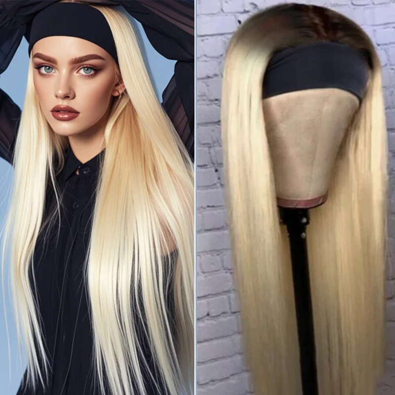 Long Straight Blonde Headband Synthetic Wigs No Lace Glueless Cos Party Wig