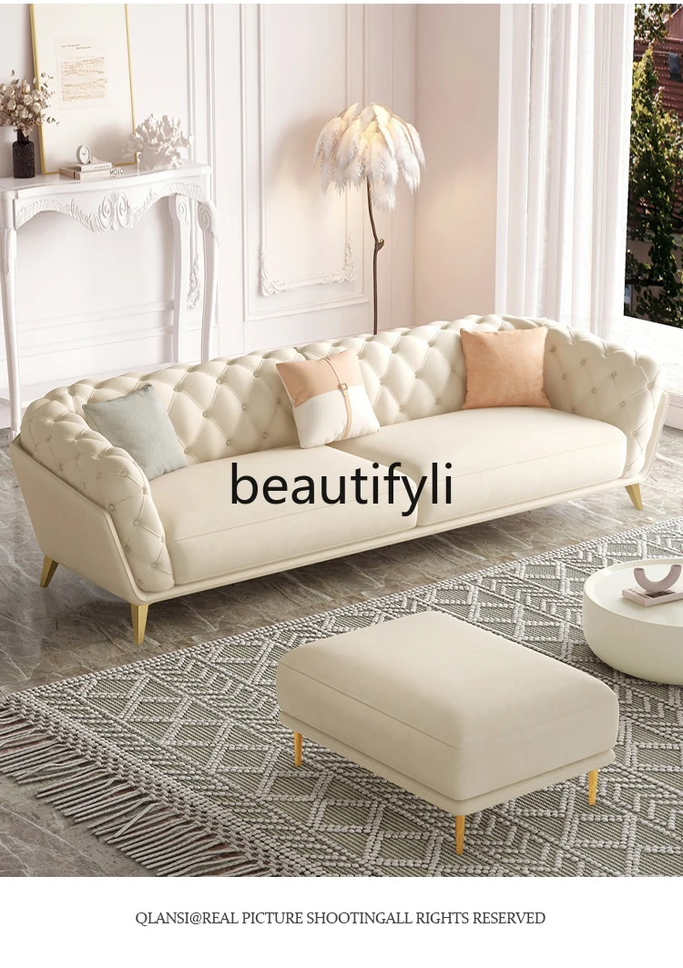 Cream wind sofa light luxury fabric French retro simple straight row skin velvet