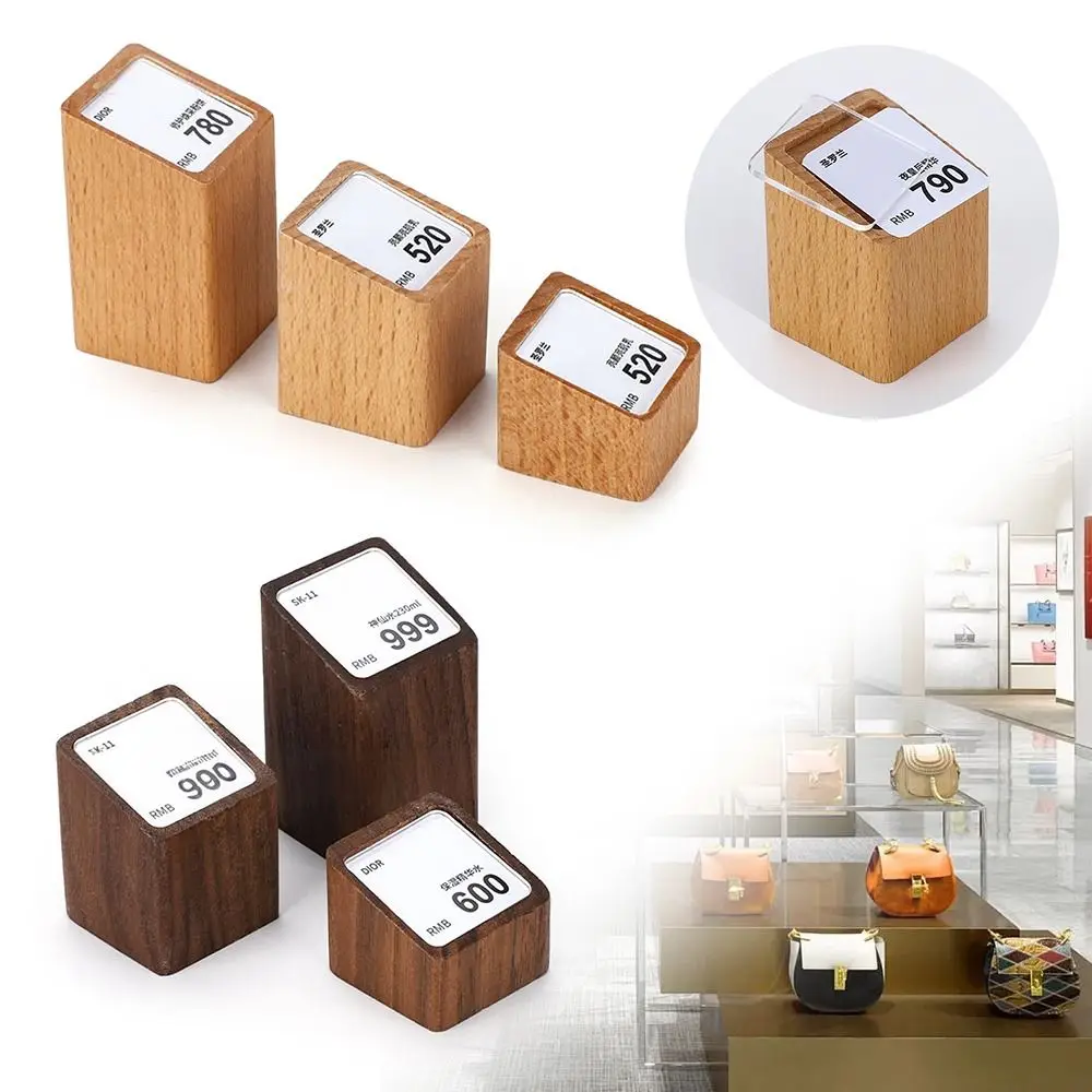 Multi-size Price Tag Holder Acrylic Window Kahki Coffee Display Stand Price Labeling Rack Wood Base Name Card Tags Holder view 3