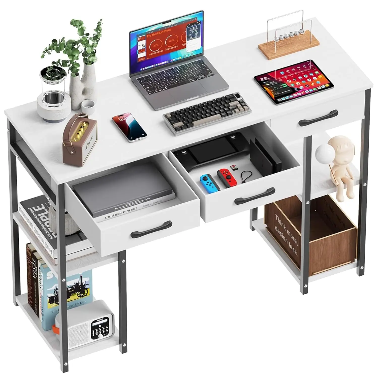 

43-дюймовый небольшой компьютерный стол, офисный стол с розетками и USB-портом для зарядки, учебный письменный стол с тремя тканевыми ящиками,