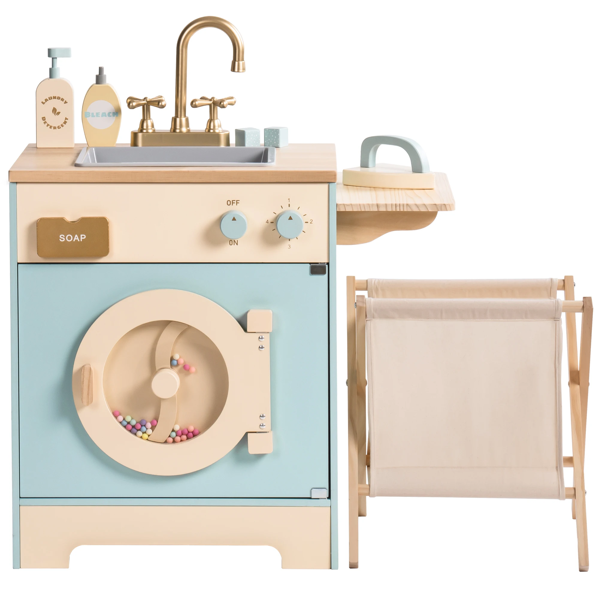 ROBOTIME Wooden Kitchen Playset with Toy Oven Toy Fridge Toy Washing Machine Wooden Kitchen Set for Toddlers Ages 3+