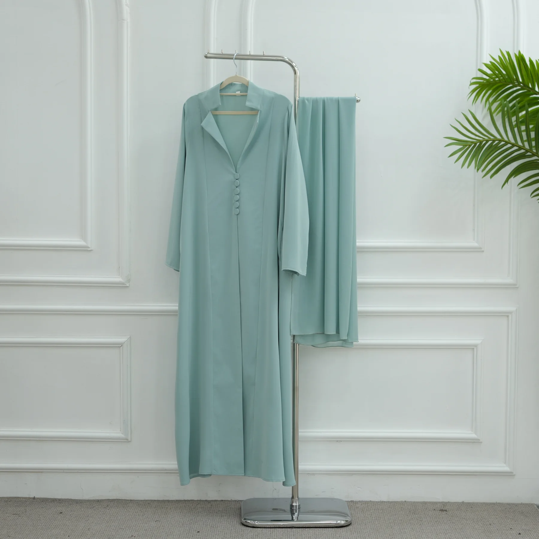 

Скромный турецкий банкетный элегантный однотонный комплект-кафтан Nida Abaya с шарфом, комплект из двух предметов, кардиган с карманами для женщин L614