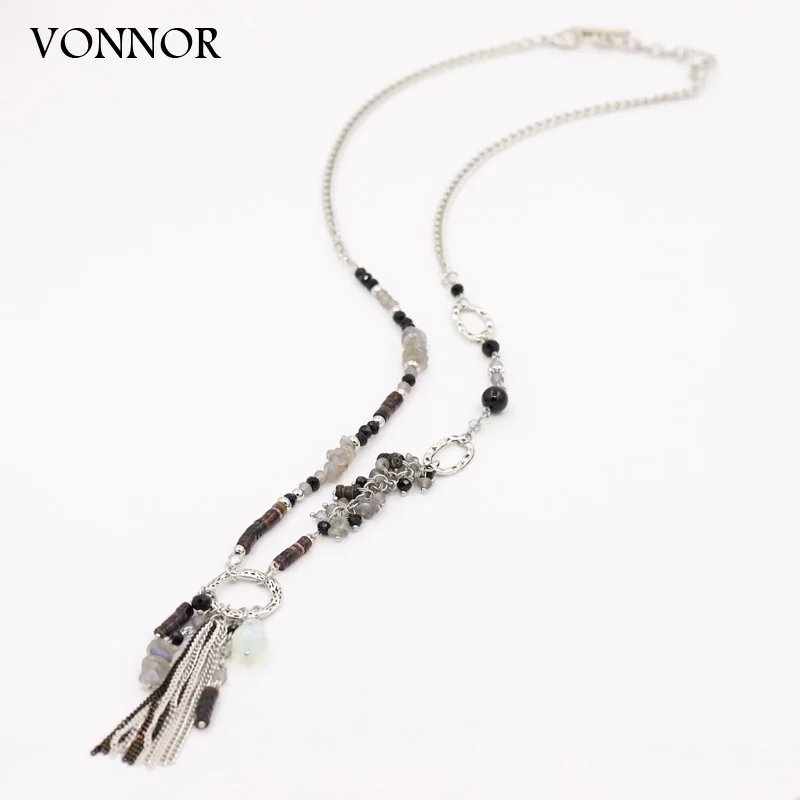 VONNOR Handmade Jewelry Natural Stone Beaded Necklace Fashion Women Statement Long Necklaces Chains Tassel Pendant