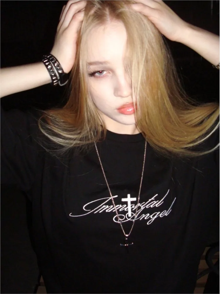 Camiseta coreana Y2K de algodón con estampado de letras Harajuku, camiseta de gran tamaño, ropa de calle de calle alta, ropa gótica Vintage de manga corta para mujer