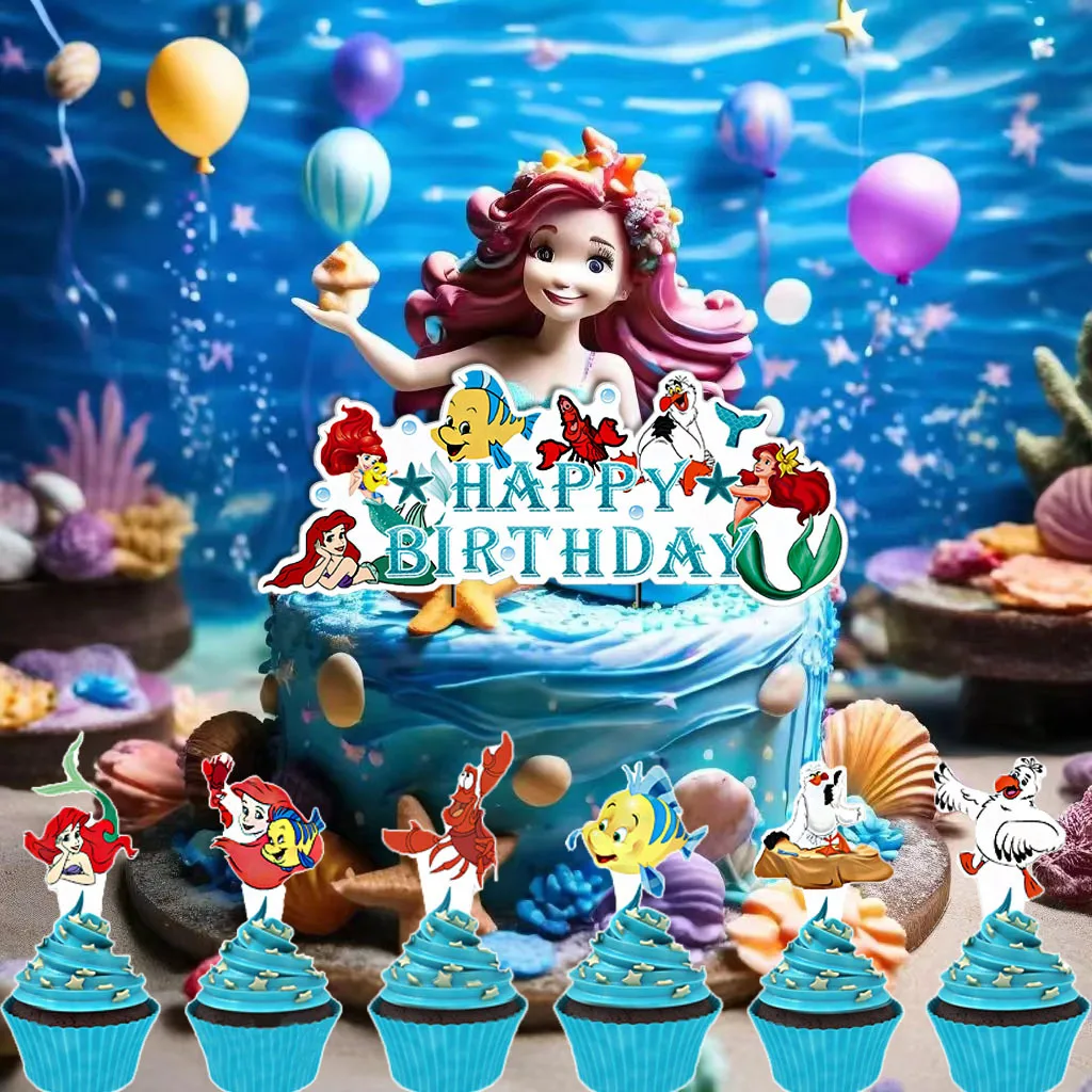 Birthday Party Mermaid Theme Cake Toppers Banner Flag Decorations Party Picks Events Supplies Cupcake Decorations