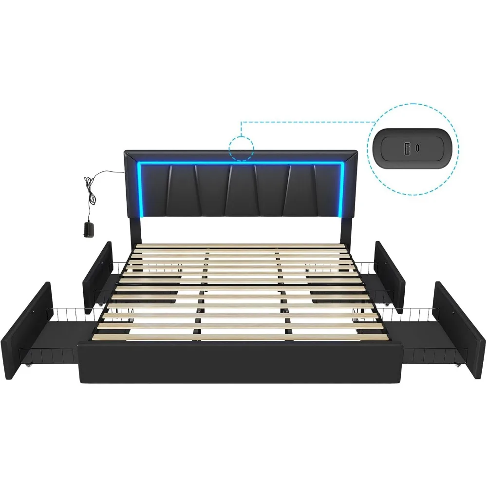 Struttura del letto King size della California con 4 cassetti portaoggetti e luci a Led struttura del letto imbottita con piattaforma nera, telai del letto