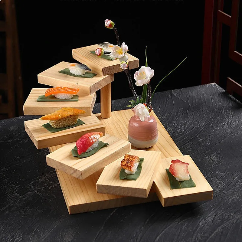 Japanese Staircase BBQ Platter Sushi Sashimi Serving Tray Creative Rotating Wooden Tableware