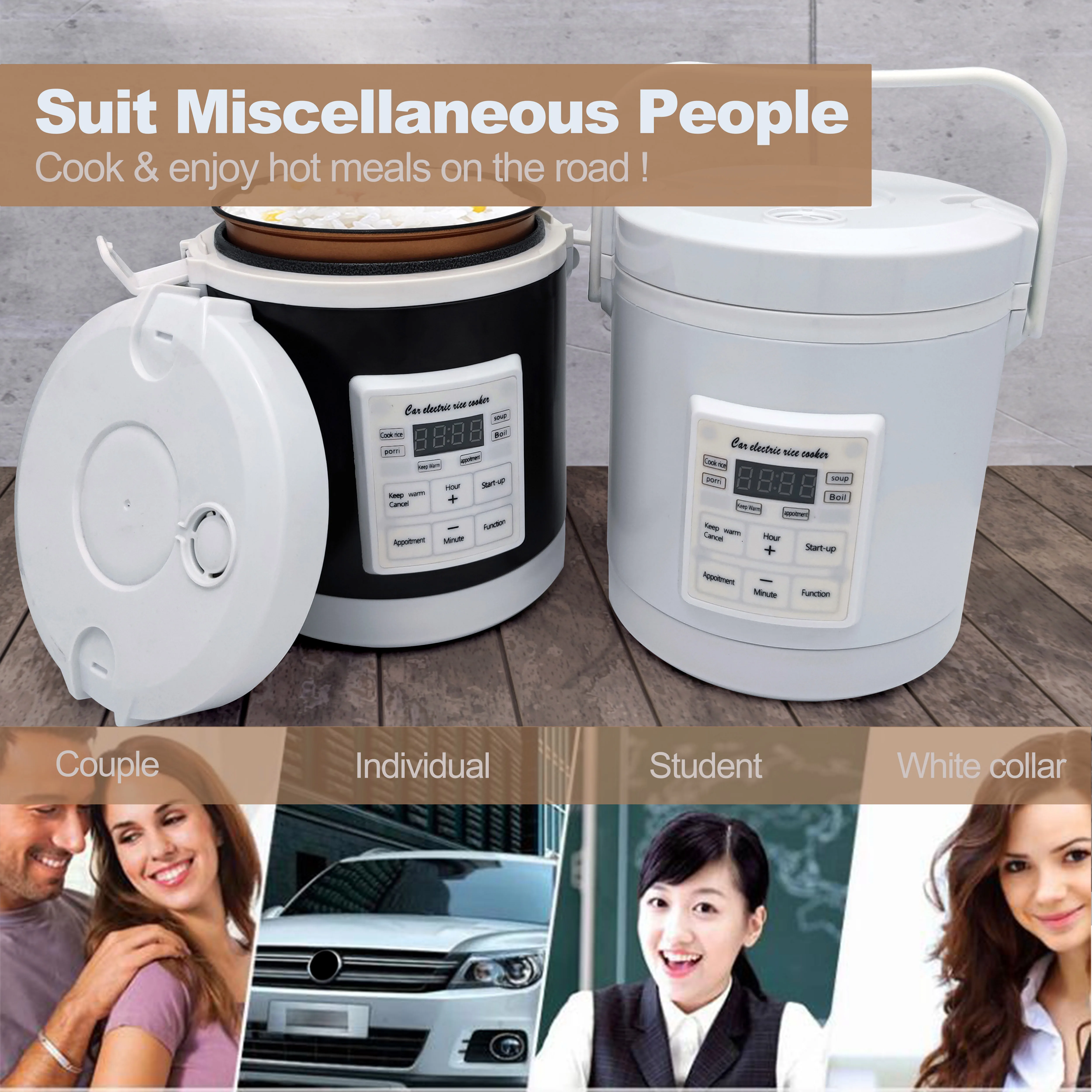 หม้อหุงข้าวมาใหม่ที่ใช้ในรถยนต์และรถบรรทุก 12v ถึง 24v สําหรับบ้าน 220V เพียงพอสําหรับสองคน