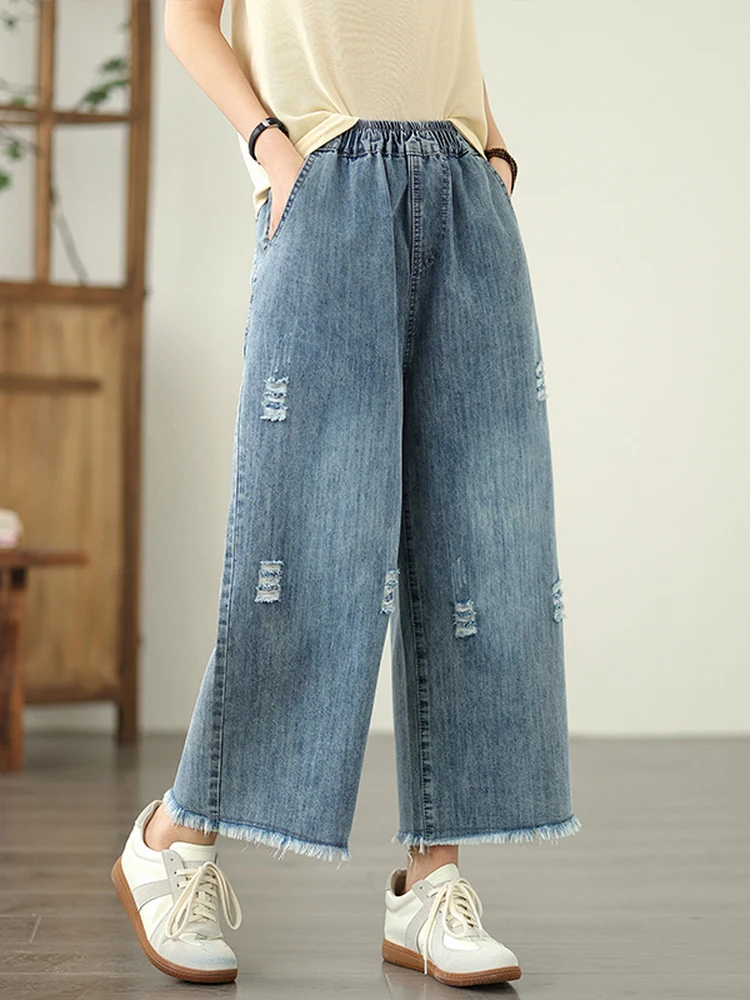 

Модные женские джинсы большого размера с рваным краем, широкие, свободные, светло-голубые, прямые, укороченные, весна-лето