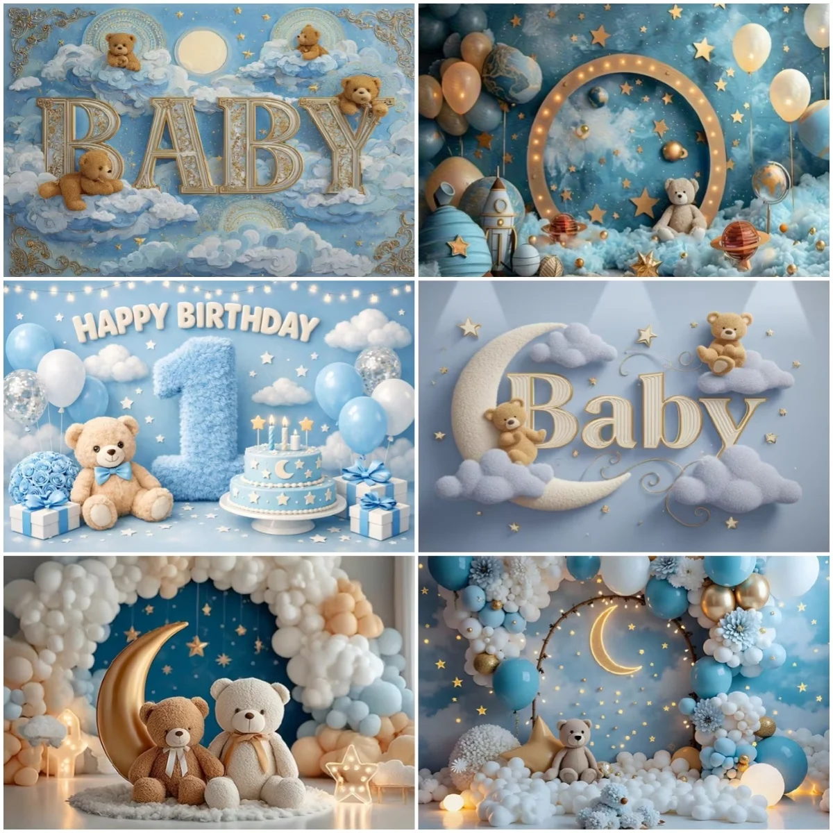 

Hot Air Balloon And Bears Theme Photography Background Newborn Baby Birthday Party Decor Backdrop Balloon Rainbow Cake Banner