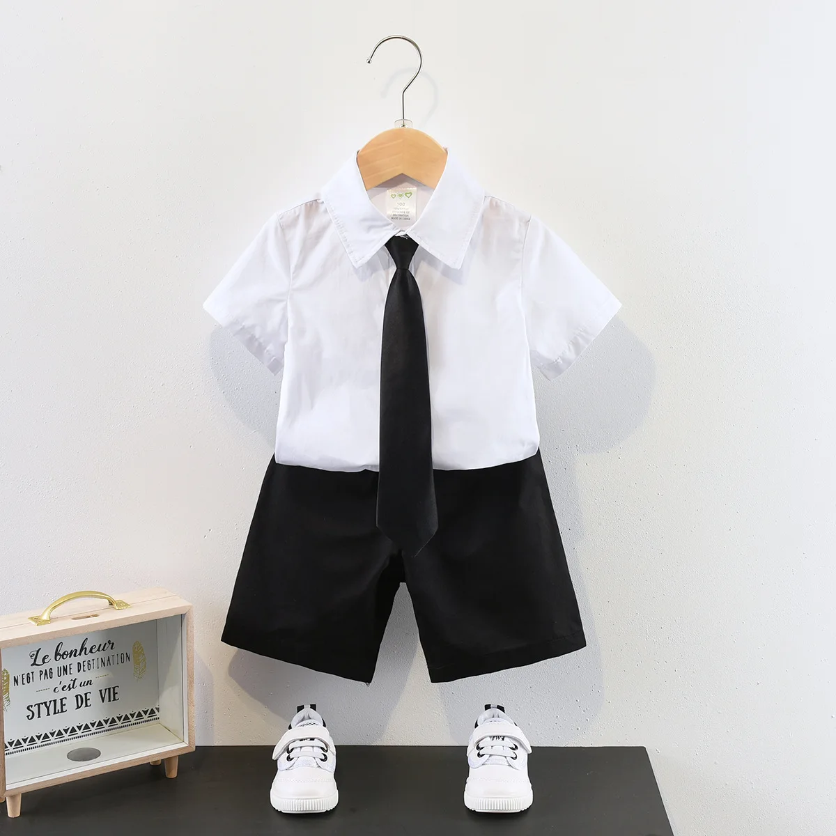 

Baby Boy Show Costume Children Summer Cotton Gentleman Outfit Evening Party Clothes Kids 3pc Set White Shirt Shorts Tie