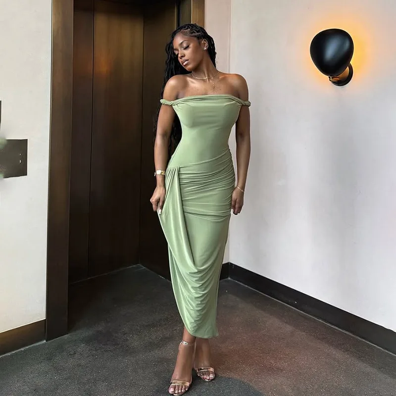 

Sexy Off Shoulder Bodycon Maxi Dress for Women Elegant Chic Backless Sleeveless Holidays Party Dress Ruched Long Dress 2025