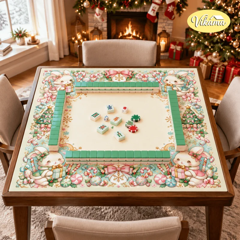 Christmas Rabbit Mahjong Table Mat Non Slip Washable Table Cover for Living Room Family Game Night Holiday Gift