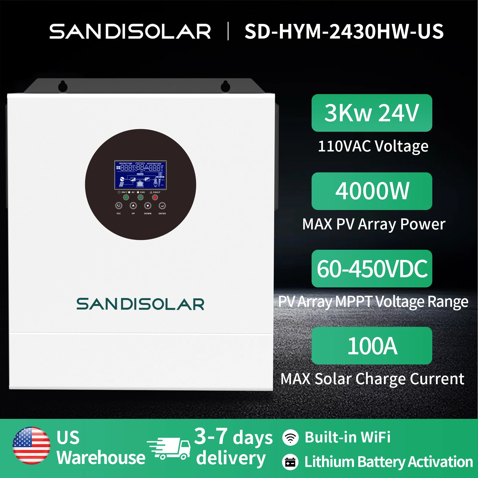 

Солнечный инвертор SANDISOLAR 3000W 24V 110V/120V, автономный, с чистой синусоидой, MPPT 100A, встроенный Wi-Fi, совместим с LiFePO4