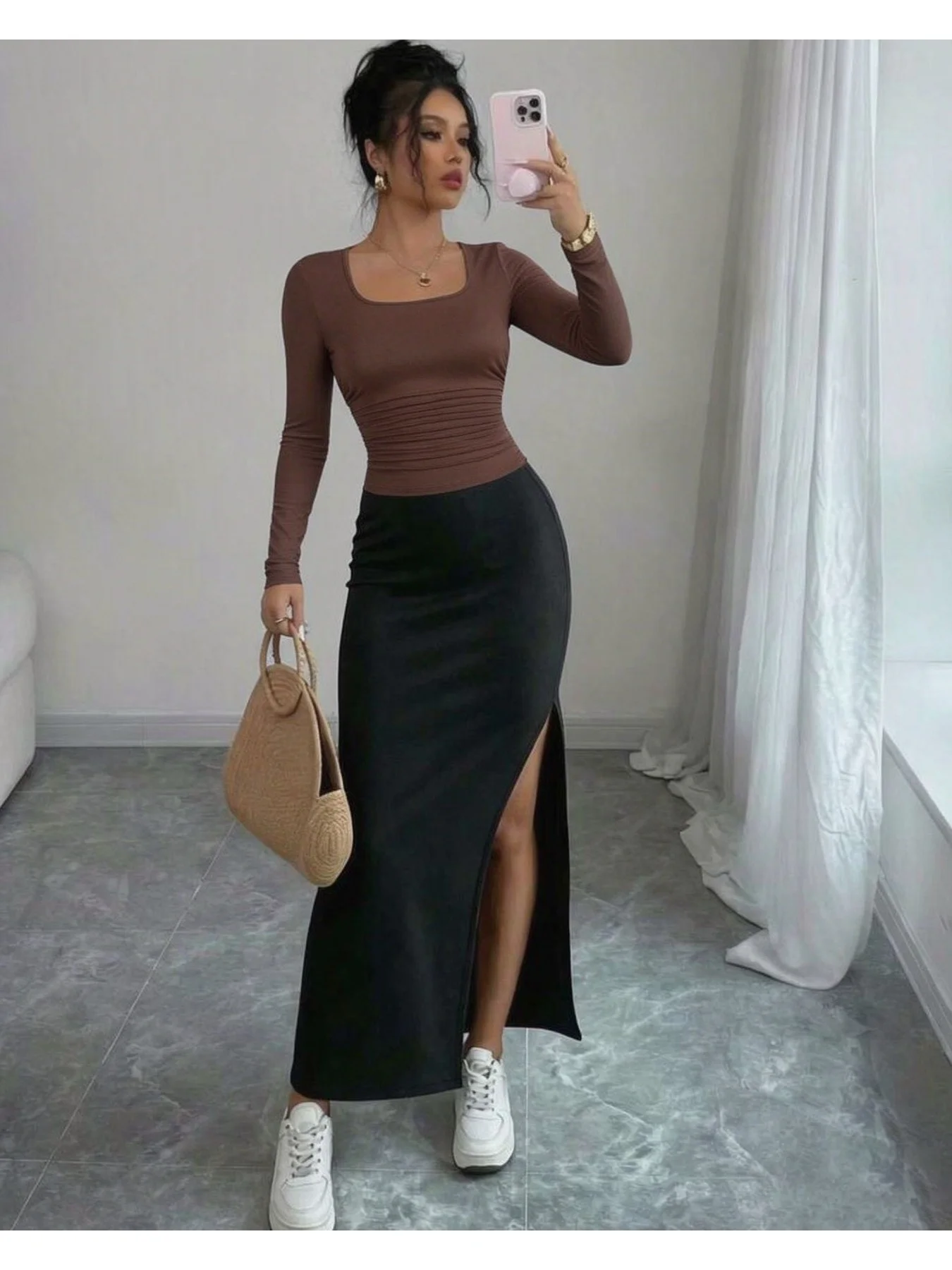 Women's Solid Color Casual Square Neck T-Shirt Top with Elastic Waist Long Sleeves Skirt Set Split Detail