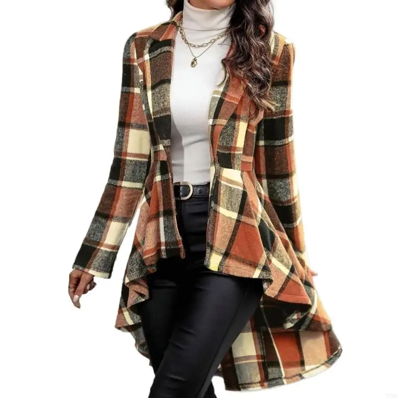 

77HE Womens Long Sleeve Button Down Plaid High Low Open Front Lapel Peplum Coat Fall Winter Outfits